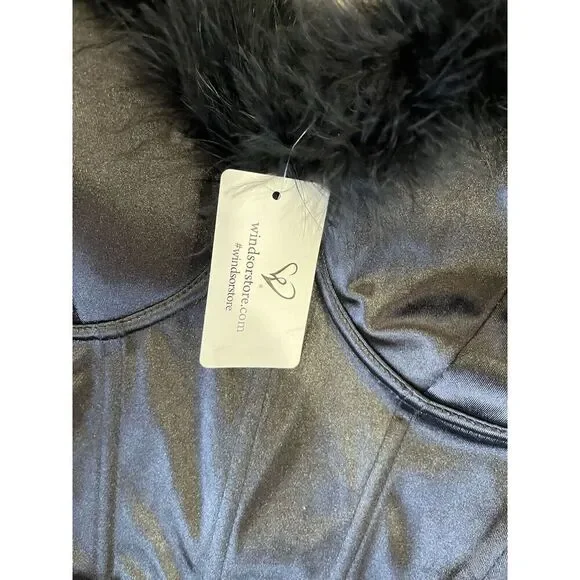 NWT Windsor Black Satin Bodysuit With Black Feather Detail Women’s L - Picture 9 of 11